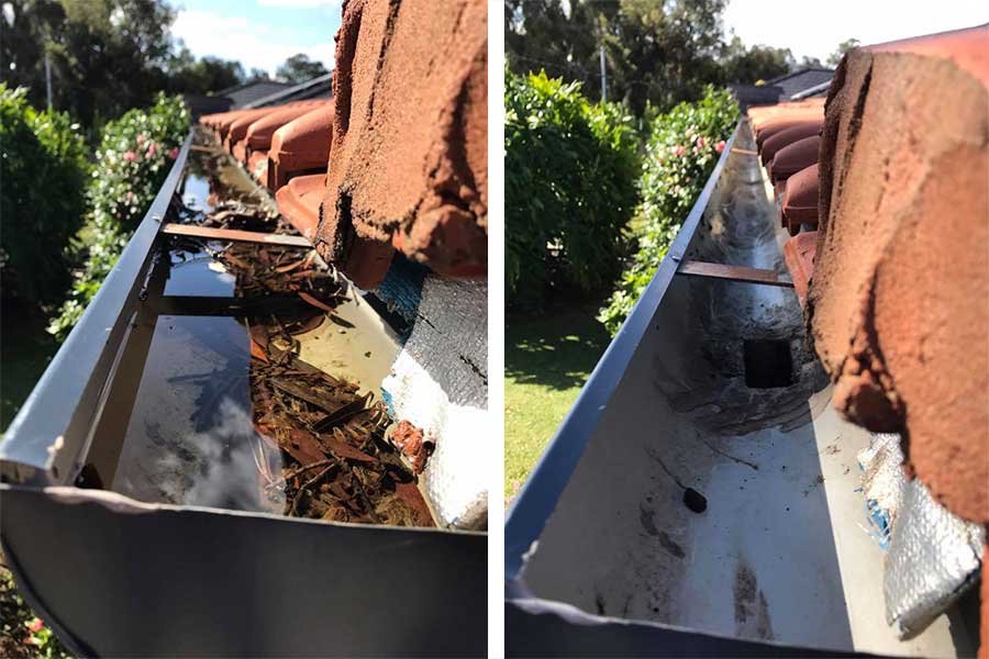 Before and after gutter cleaning results with vacuum equipment